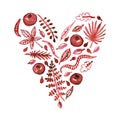 Watercolor nature vector heart with leaves, garnets and other plants (burgundy). Valentine's day card and background. Royalty Free Stock Photo