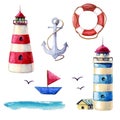 Watercolor nautical elements collection. Various lighthouses isolated on white backdrop. illustration of red and blue striped