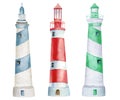 Watercolor nautical elements set of three lighthouses blue, red and green colors Royalty Free Stock Photo