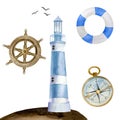 Watercolor nautical elements set: wooden steering wheel, blue lighthouse and buoy, gold metal compass Royalty Free Stock Photo