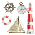 Watercolor nautical elements set: wooden steering wheel, red and white lighthouse, red buoy, compass Royalty Free Stock Photo