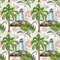Watercolor summer nautical print. Marine sryle seamless pattern with lighthouse, island, palm tree, seagull, tropical leaf on Royalty Free Stock Photo