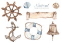 Watercolor nautical set with anchor, rudder, lifebuoy, bell, shells, parchment Royalty Free Stock Photo