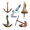 Watercolor nautical set of anchors , seagull and ship bell.Original hand painted illustranion isolated on a white background Royalty Free Stock Photo