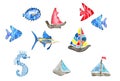 Watercolor nautical set of fishes and sailboats Royalty Free Stock Photo