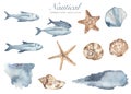 Watercolor nautical set with fishes, shells, starfish, watercolor blots Royalty Free Stock Photo