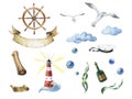 Watercolor nautical set. Marine icons Royalty Free Stock Photo