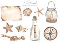 Watercolor nautical set with rope, nautical knot, compass, parchment, seashells, candle lantern, note in bottle Royalty Free Stock Photo