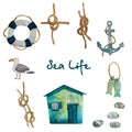 Watercolor nautical set of sea travelling . Hand drawn cartoon elements: seahouse, fishes, sea gull, pebbles, sea knots anchor. Royalty Free Stock Photo