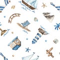 Watercolor nautical wedding pattern with houses, ship, lighthouse, bridge