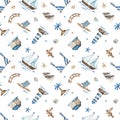 Watercolor nautical wedding pattern with houses, ship, lighthouse, bridge on a white background