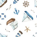 Watercolor nautical wedding pattern with ships, lighthouse Royalty Free Stock Photo