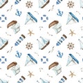 Watercolor nautical wedding pattern with ships, lighthouse on white background