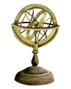 Watercolor navigation armillary sphere, vintage spherical astrolabe instrument illustration isolated on white