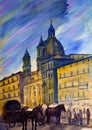 Watercolor of the Navona square in Rome, italy.