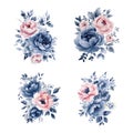 Watercolor navy blue and pink flowers set, vintage vector flowers collection. Royalty Free Stock Photo