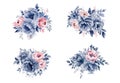 Watercolor navy blue and pink flowers set, vintage vector flowers collection. Royalty Free Stock Photo