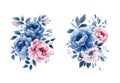 Watercolor navy blue and pink flowers set, vintage vector flowers collection. Royalty Free Stock Photo