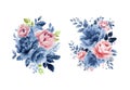 Watercolor navy blue and pink flowers set, vintage vector flowers collection. Royalty Free Stock Photo