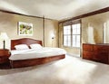 Watercolor of Neat bedroom with spacious bed and Royalty Free Stock Photo