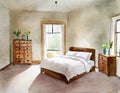 Watercolor of Neat bedroom with spacious bed and Royalty Free Stock Photo