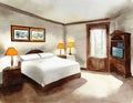 Watercolor of Neat bedroom with spacious bed and Royalty Free Stock Photo