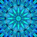 Watercolor neon cyan blue black ink circle star centered pattern