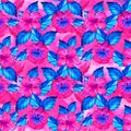 Watercolor neon pink hibiscus seamless pattern. Perfect for greetings, invitations, manufacture wrapping paper, textile