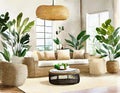 Watercolor of Neutral living room with rattan tropical decor stylish
