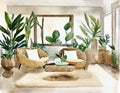 Watercolor of Neutral living room with rattan tropical decor stylish