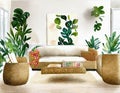 Watercolor of Neutral living room with rattan tropical decor stylish