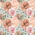 Watercolor neutral soft colors flowers seamless pattern. Hand drawn nude poppy, rose, peony, greenery, eucalyptus
