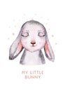 Watercolor new year baby bunny portrait illlustration oster. Merry Christmas postcard cute cartoon rabbit in floral wreath. symbol