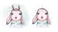 Watercolor new year baby bunny portrait illlustration oster. Merry Christmas postcard cute cartoon rabbit in floral wreath. symbol