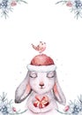 Watercolor new year baby bunny portrait illlustration oster. Merry Christmas postcard cute cartoon rabbit in floral wreath. symbol