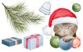 A watercolor New Year\\\'s element set. Includes a cat in a Santa hat with Christmas baubles and various gift boxes, elegantly tie Royalty Free Stock Photo