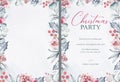 Watercolor new year winter background with plants, branches, berries, eucalyptus and splashes. Christmas pre-made scene with