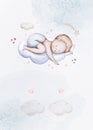 Watercolor newborn Baby Shower greeting card with babies boy. Birthday card with text space of new born baby and pregrand women