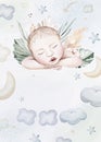 Watercolor newborn Baby Shower greeting card with babies boy girl. Birthday baby shower of new born baby Royalty Free Stock Photo