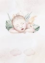 Watercolor newborn Baby Shower greeting card with babies boy girl. Birthday baby shower of new born baby