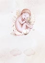 Watercolor newborn Baby Shower greeting card with babies boy girl. Birthday baby shower of new born baby