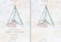 Watercolor newborn Baby Shower greeting card with teepee. wigwam Birthday baby shower of new born baby