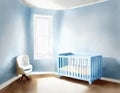 Watercolor of Newborn bedroom with white crib blue Minimalist