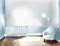Watercolor of Newborn bedroom with white crib blue Minimalist