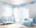 Watercolor of Newborn bedroom with white crib blue Minimalist