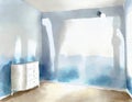 Watercolor of Newborn bedroom with white crib blue Minimalist