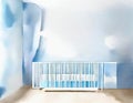 Watercolor of Newborn bedroom with white crib blue Minimalist