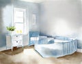 Watercolor of Newborn bedroom with white crib blue Minimalist