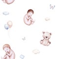 Watercolor newborn seamless pattern with babies boy girl. Birthday baby shower background of new born baby