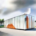 Watercolor of Newly constructed mobile industrial building with prefabricated container on construction